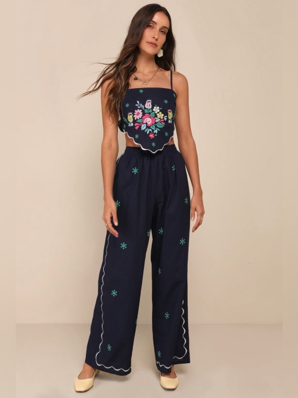Lulus Charmed Aesthetic Navy Blue Linen Embroidered High-rise Pants - Size XL